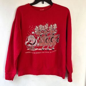 VTG 80s Red Christmas Sweatshirt Santa Reindeer “Snow Business” Boxy Crew M